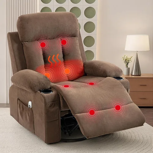 Vista 11 de Mecedora giratoria de 360°, silla reclinable con masaje por vibración y calor, sillas de salón ergonómicas con función mecedora y bolsillo lateral