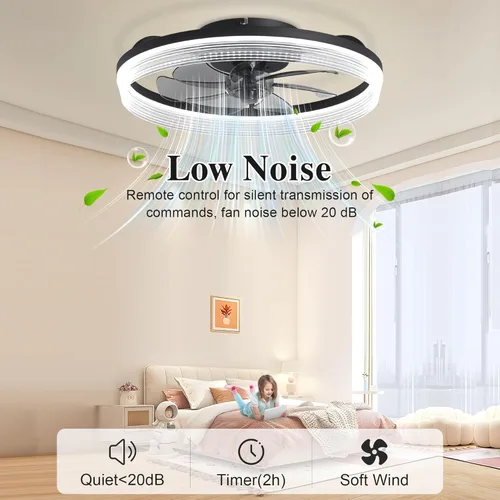 Vista 4 de Ventiladores de techo con luces y control remoto Fandelier - Negro 20'' de montaje al ras de perfil bajo, ventiladores de techo modernos