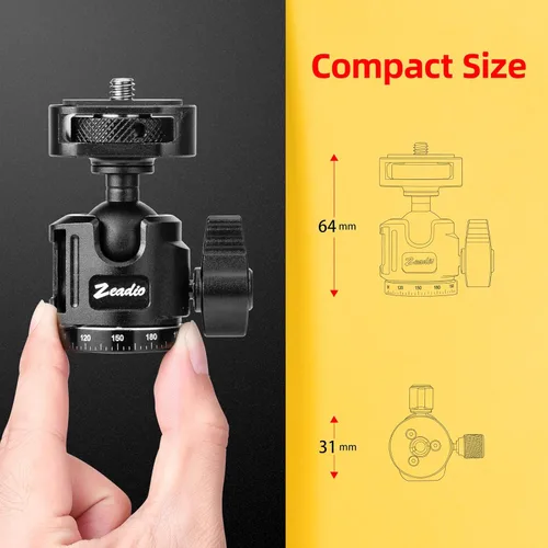 Vista 5 de Zeadio Soporte de cabeza esférica con rosca de 1/4" y 3/8" - Cabezal de trípode de montaje de cámara de metal panorámico de 360° para DSLR, cardán