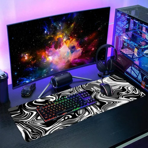 Vista 6 de Alfombrilla de mouse para juegos de remolino blanco y negro, XL, diseño fluido, gris mármol, tapete de mouse grande extendido, alfombrilla