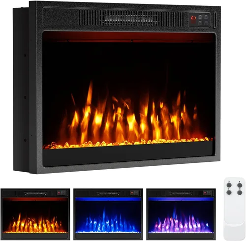 Tangkula Chimenea eléctrica de 23 pulgadas, inserto de chimenea de 5,000 BTU con control remoto, piedras de cristal, color de llama ajustable y