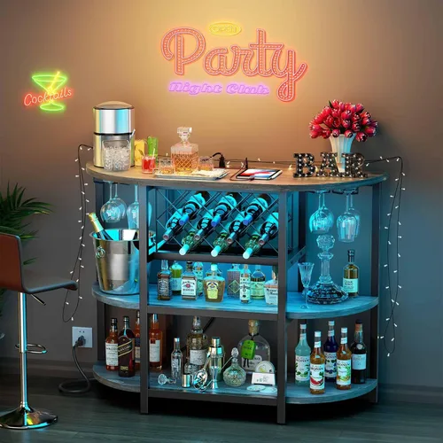 Vista 9 de Zarler Carrito de bar con toma de corriente fácil de montar, gabinete de bar LED para el hogar, para licor, 47.3 pulgadas de largo x 15.8 pulgadas