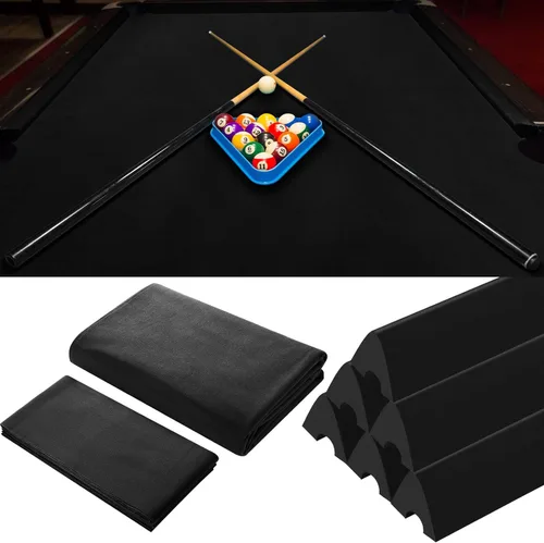 Mixweer Paño de billar para mesa de billar de 8 pies, fieltro precortado con 6 tiras de tela y 6 parachoques de goma para mesa de billar para bares,