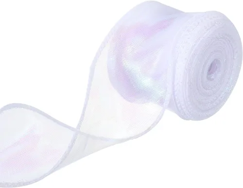 Vista 12 de MECCANIXITY Cinta de Organza Transparente con Alambre Brillante de 2 3/8" de Ancho, Cintas de Gasa Iridiscente Pastel de 3 Yardas Color Beige