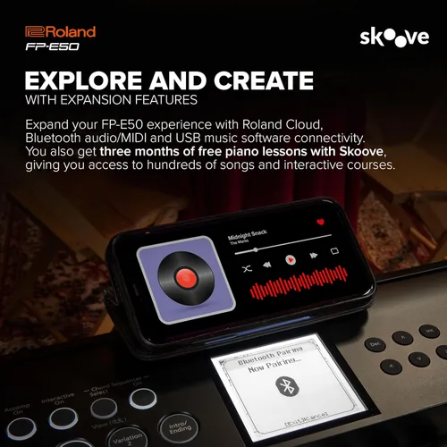 Vista 5 de Piano digital Roland FP-E50 Piano premium y biblioteca de sonidos expandible Teclado de 88 notas con acción de martillo Acompañamiento