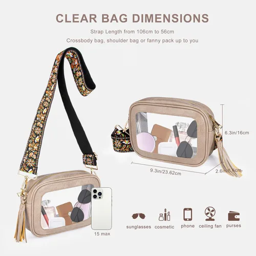 Vista 5 de Viva Terry Bolsa transparente aprobada para eventos de estadio, pequeña bolsa cruzada transparente con 2 correas ajustables para artículos