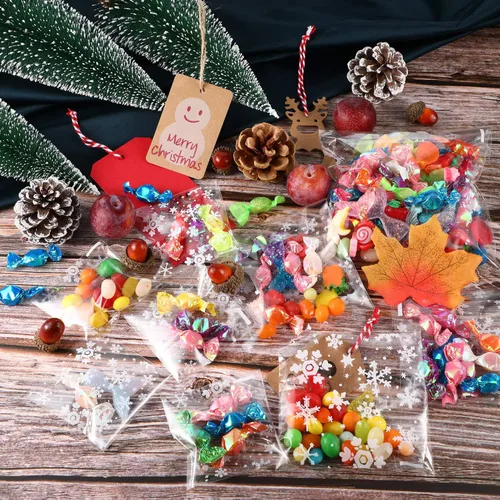 Vista 7 de Boao 300 bolsas de galletas de copo de nieve para envolver invierno, bolsas de celofán con copos de nieve, bolsa autoadhesiva, bolsa transparente