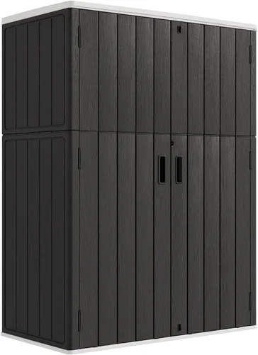 Vista 15 de Cobertizo de almacenamiento horizontal para jardines y patios, caja de almacenamiento de plástico impermeable, cobertizo pequeño de 26 pies cúbicos