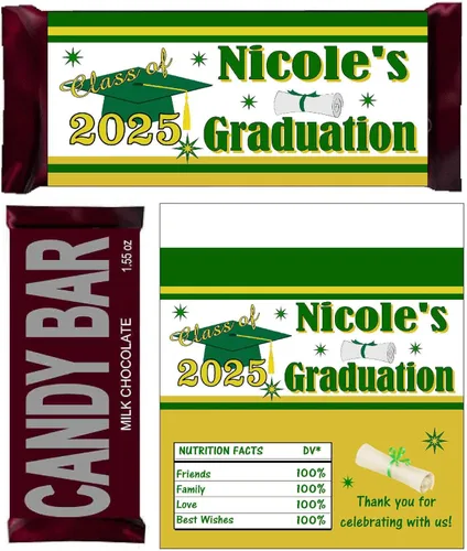 Party Printing 20 ct. GREEN AND GOLD GRADUATION CHOCOLATE BAR WRAPPERS COMPATIBLE WITH 1.55 oz. HERSHEY BAR SOLID MILK CHOCOLATE, PERSONALIZED CLASS