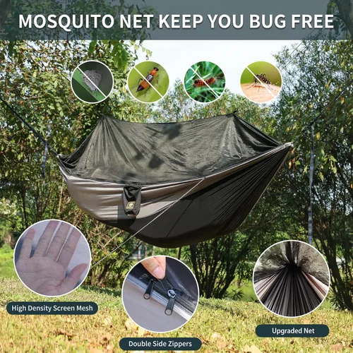 Vista 3 de Hamaca de camping con red, hamaca doble portátil ligera con correas para árbol y mosquetones sólidos en forma de D, hamaca de nailon de paracaídas
