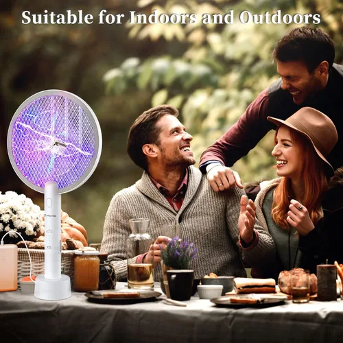 Vista 7 de TMACTIME - Matamoscas eléctrico 2 en 1, raqueta matamoscas de 4000 V con base recargable por USB, con malla de seguridad de 3 capas, adecuado