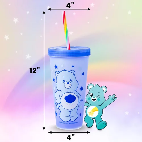Vista 4 de Silver Buffalo Care Bears Corazones y Estrellas Juego de 4 Vasos de Plástico Cambian de Color con Popotes de Espiral Arcoíris con Tenderheart