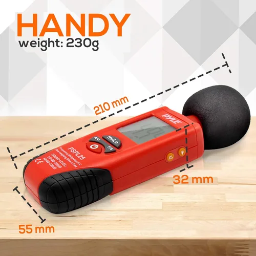 Vista 5 de PYLE PSPL25 Medidor de nivel de sonido digital de mano con ponderación de frecuencia A y C para músicos, rojo/negro