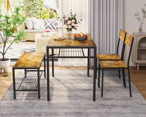 Vista 7 de Gizoon Mesa de cocina y 2 sillas para 4 personas con banco, juego de mesa de comedor de 4 piezas para espacios pequeños, apartamento (marrón rústico)