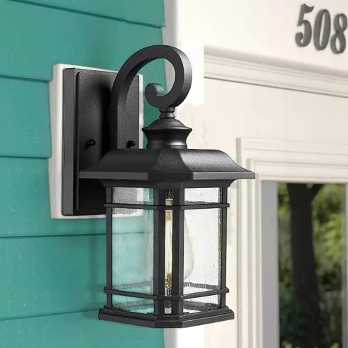 Vista 4 de Emliviar Luces de Farol de Pared para Exteriores, Lámpara de Aplique de Pared Exterior de 1 Luz, Acabado Negro con Vidrio Granulado Transparente