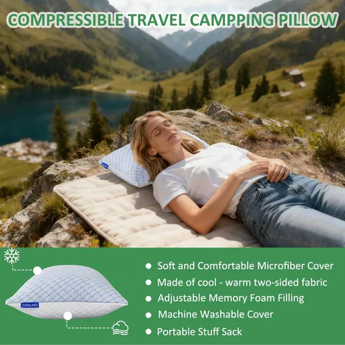 Vista 2 de Gehannah Almohada de Viaje - Paquete de 1 Almohada Grande Compresible para Acampar para Dormir - Espuma de Memoria Triturada con 1 Bolsa