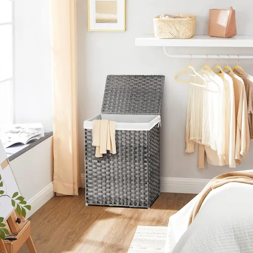 Vista 6 de SONGMICS Cestas de lavandería tejidas a mano (90L) Cestas de ropa de ratán sintético con tapa y asas