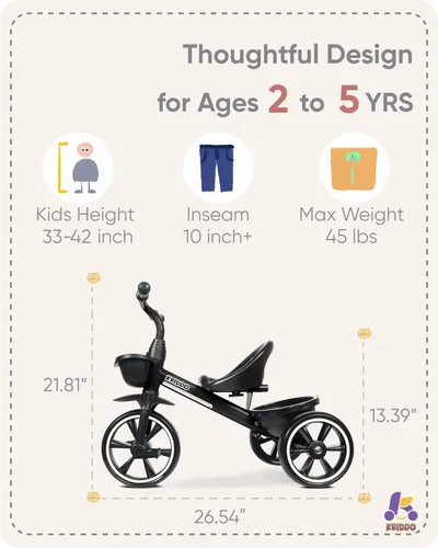 Vista 3 de KRIDDO - Triciclo para niños de 2 a 5 años - Regalo para niños pequeños - Negro