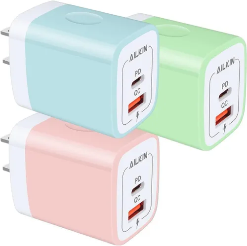 Vista 10 de Paquete de 3 cargadores USB C, cargador USB de doble puerto USB-C enchufable de pared 20 W PD y QC3.0 tipo A bloque de carga rápida para Samsung