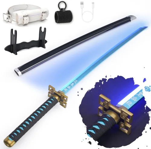 Vista 9 de RENGENG - Espada iluminada, 40 pulgadas, réplica de anime de plástico recargable con cinturón y soporte, textura original, espada de anime