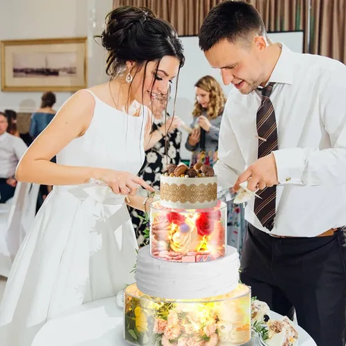 Vista 8 de 2 soportes de acrílico transparente para tartas, caja rellenable para tartas, caja de exhibición con luces LED, elevador cilíndrico redondo, soporte