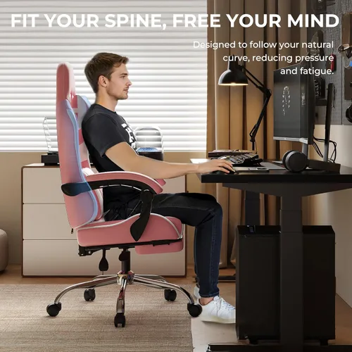 Vista 6 de Silla de juegos rosa con reposapiés y soporte lumbar de masaje, silla ergonómica reclinable para computadora de 330 libras con altura ajustable