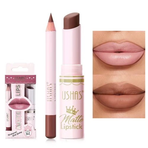 Vista 11 de Set de lápiz labial y delineador de labios USHAS 2 en 1, lápiz labial mate impermeable para mujer, duradero, con set de maquillaje
