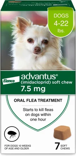 Advantus Tratamiento oral antipulgas de acción rápida para perros, masticables suaves para perros de 4 - 22 lbs. | 7 unidades.