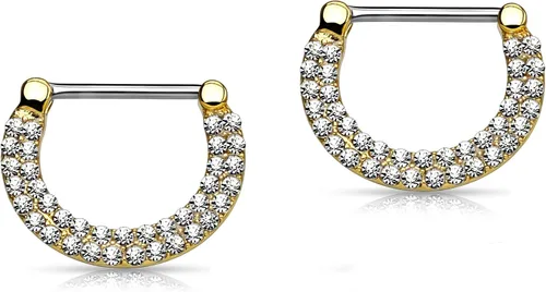 Forbidden Body Jewelry Juego de anillos de acero quirúrgico 14G y oro chapado en IP con doble forro de cristal con gemas para pezón