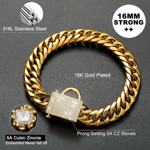 Vista 4 de PRADOG Collar de perro con cadena de oro con cierre de circonita, acero inoxidable de 18 quilates, collar de metal resistente para cachorros, collar