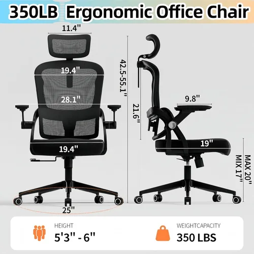 Vista 3 de Ergonomic Mesh Office Chair, 350LB Heavy Duty High Back Desk Chair, Adjustable Headrest, Auto Adaptive Lumbar Support, Memory Foam Cushion, Armrests