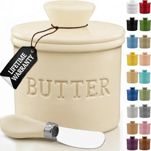 Vista 14 de PriorityChef - Mantequera con tapa con línea de agua, plato de mantequilla francesa de cerámica para dejar en la encimera, color negro