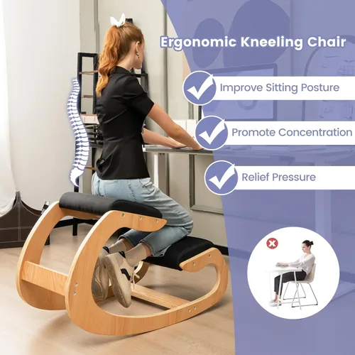 Vista 4 de GOFLAME Silla ergonómica para arrodillarse, mecedora de madera con cómodo cojín de asiento acolchado y soporte de rodilla para oficina en casa