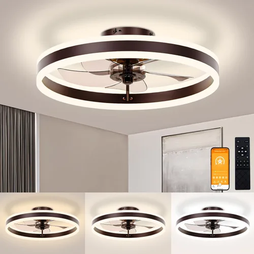 VOLISUN Ventiladores de techo de perfil bajo con luces y control remoto, ventiladores de techo empotrados de 19.7 pulgadas con luz, luz de