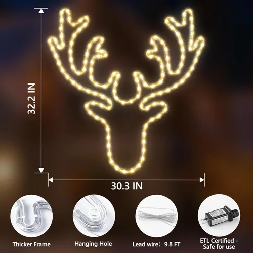 Vista 3 de Decoración de luces de reno grande de 32 pulgadas de Navidad – 134 LED impermeable para decoración de pared con temporizador para decoración