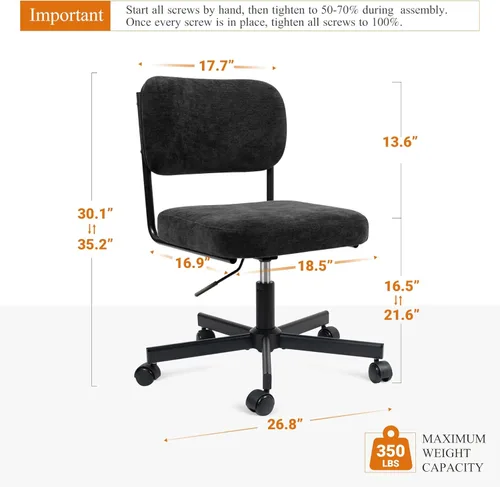 Vista 2 de Silla de oficina, moderna silla de escritorio Farbic pequeña sin brazos con respaldo, ruedas silenciosas, silla giratoria de altura ajustable