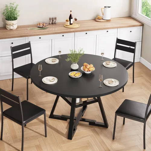 Vista 6 de Mesa de comedor redonda para 4, mesa de pedestal circular de cocina, comedor, mesa de pedestal, muebles de cocina y comedor de madera que ahorra