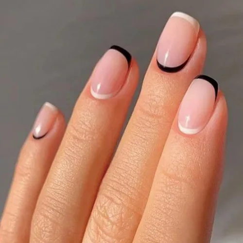 Uñas a presión extra cortas cuadradas - Uñas postizas cortas TUZADNW, diseño francés blanco y negro, 24 piezas de uñas acrílicas translúcidas con
