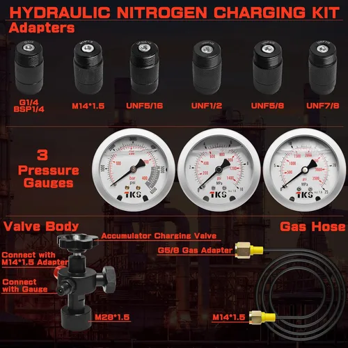 Vista 2 de Kit de carga de acumulador de nitrógeno hidráulico, kit de llenado de nitrógeno, sistema de prueba de presión de nitrógeno con 7 acoplamientos, 3