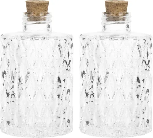 Vista 7 de MyGift Pequeñas botellas difusoras de varillas de vidrio transparente, estilo boticario en relieve, jarrones de flores con tapas de corcho, juego