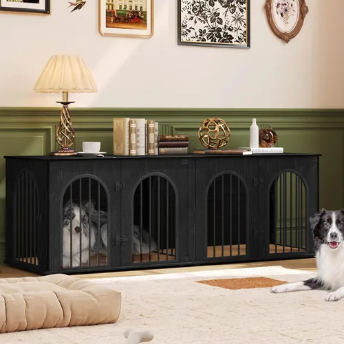 Vista 10 de Hzuaneri 63" Mueble de jaula para perros para 2 perros, jaula de perro interior resistente con soporte para TV, jaula de madera para perros L