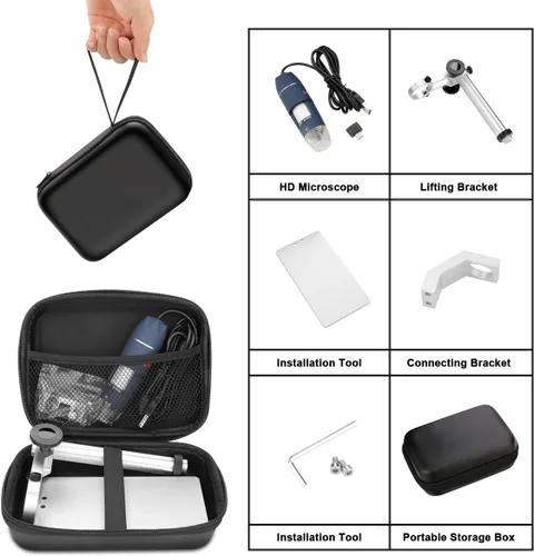 Vista 8 de Jiusion HD 2MP USB Microscopio Digital 40X a 1000X Cámara de endoscopio de ampliación portátil con 8 LEDs Soporte estable de aleación de aluminio