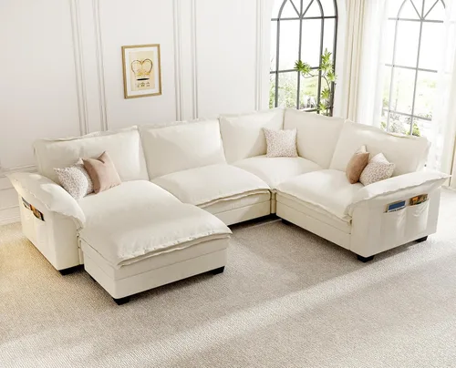 Vista 14 de KKL Sofá cama modular seccional, sofá de nube de 4 plazas con otomana, sofás seccionales de felpilla para sala de estar, apartamento, beige