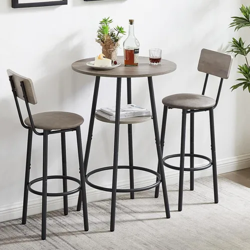 Vista 8 de Juego de mesa de comedor de 3 piezas para 2, pequeña mesa de cocina redonda con 2 sillas, mesa de bar de altura de mostrador con almacenamiento
