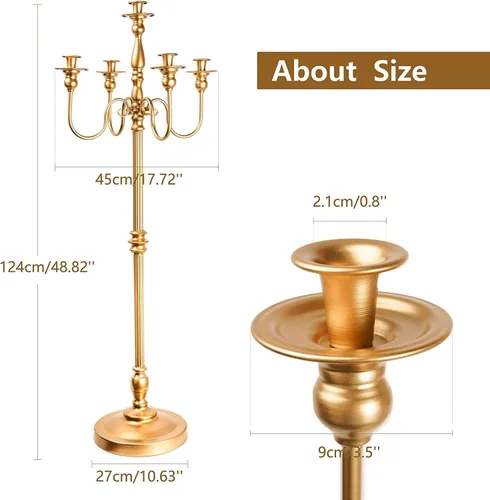 Vista 6 de Candelabro dorado para decoración de eventos de boda, portavelas de piso de 50 pulgadas de alto, 1 pieza central de metal con 5 brazos para 5
