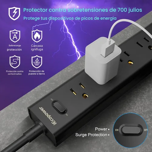 Vista 5 de Paquete de 2 Regletas de Enchufes con Protección contra Sobretensiones - 5 Enchufes Ampliamente Espaciados, 3 Puertos USB (1 Puerto USB C)
