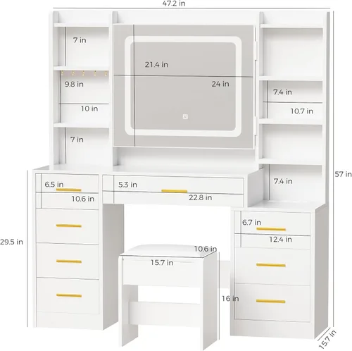 Vista 8 de BEWISHOME Escritorio grande con espejo y luces, mesa de maquillaje blanca con toma de corriente, escritorio de maquillaje con 8 cajones, 7 estantes