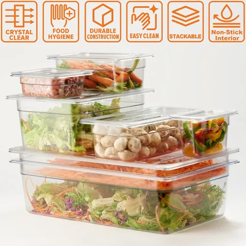 Vista 6 de CURTA Paquete de 6 sartenes NSF para alimentos, tamaño completo de 4 pulgadas de profundidad, policarbonato comercial de plástico transparente apto