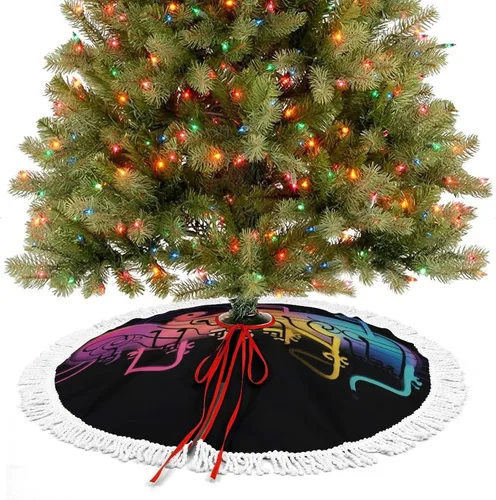 Vista 4 de Rainbow Musical Note Melody Christmas Tree Skirt Double Sided Waterproof Winter Xmas Tree Mat Decor Retro Xmas Tree Skirt with Tassels for New Year