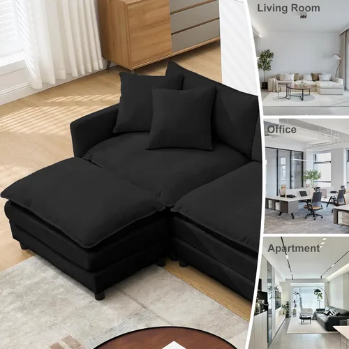 Vista 4 de Sofá modular modular de pana de 108.27 pulgadas para sala de estar con 3 asientos, 1 otomana y 3 almohadas, cómodos sofás de nube con otomana móvil